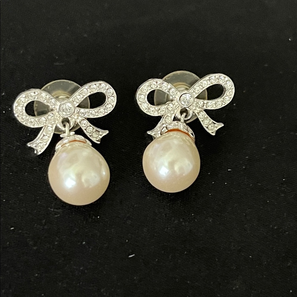 Silver Tone Stud Earrings w/Faux Pearl Dangles